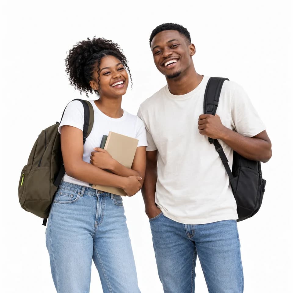 Dois estudantes de direito sorridentes, com mochilas e livros.